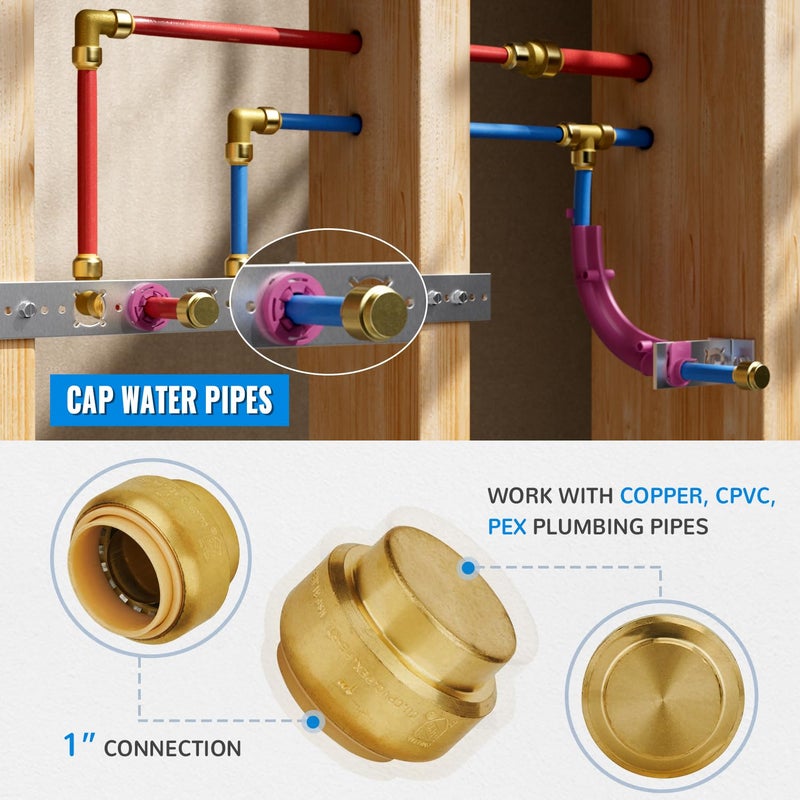 SUNGATOR 1-Inch Push Fit PEX End Cap, Push-to-Connect, No Lead Brass Plumbing Fittings for Copper, CPVC, Disconnect Clip Include (2-Pack) - Image 4